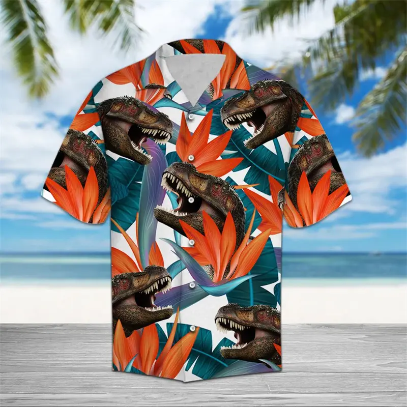 Fashion T-rex Pattern Hawaiian Shirts For Men Summer Trendy Streetwear 3D Printed Lapel Shirt Cool Oversized Breathable Blouses
