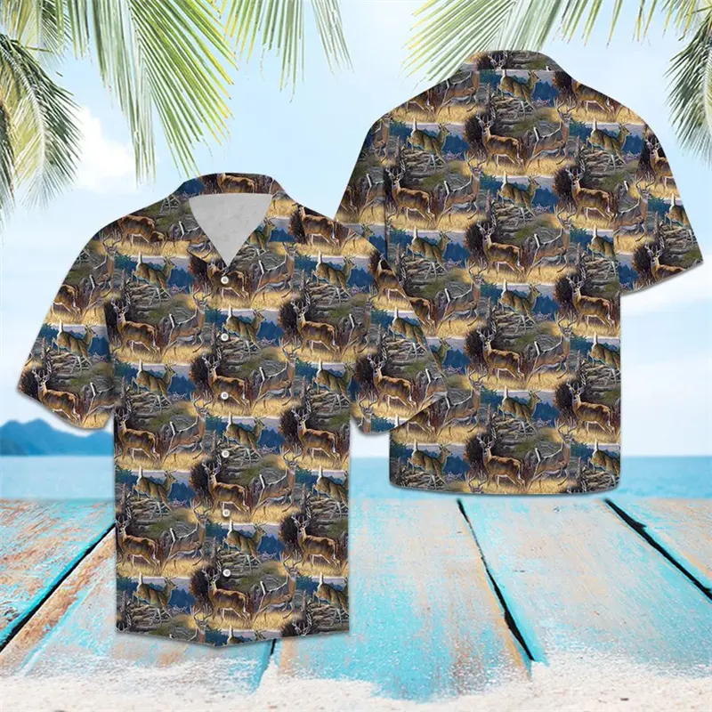 Retro Deer Pattern Hawaiian Shirts For Men Summer Casual Short Sleeve 3D Printed Lapel Blouses Loose Harajuku Button Shirt