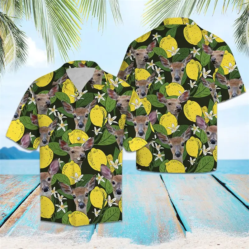 Retro Deer Pattern Hawaiian Shirts For Men Summer Casual Short Sleeve 3D Printed Lapel Blouses Loose Harajuku Button Shirt