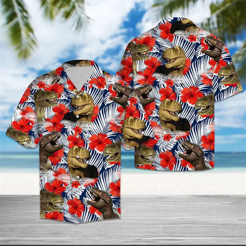 Fashion T-rex Pattern Hawaiian Shirts For Men Summer Trendy Streetwear 3D Printed Lapel Shirt Cool Oversized Breathable Blouses