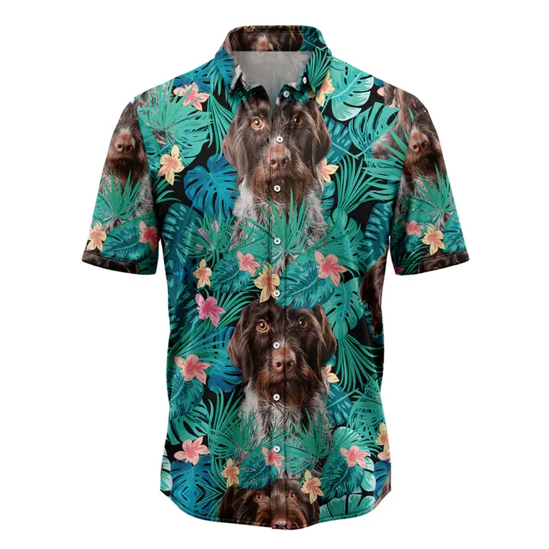 German Wirehaired Pointer Pattern Hawaiian Shirts Summer Casual Dog Lover 3D Printed Shirt Loose Breathable Lapel Button Blouses