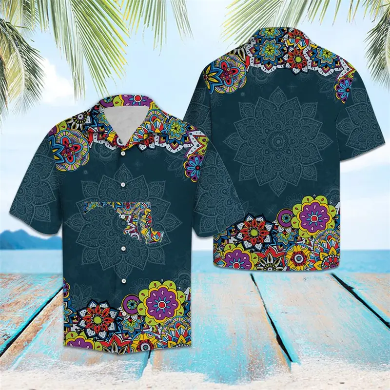 Retro Maryland Flag Graphic Hawaiian Shirts Summer Fashion Short Sleeve 3D Printed Unisex Shirt Casual Oversized Lapel Blouses