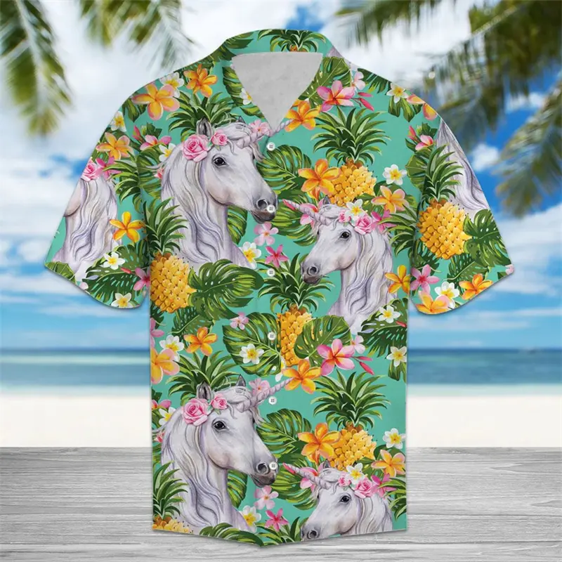 Tropical Pineapple Animal Graphic Hawaiian Shirts Summer Fashion Short Sleeve 3D Printed Shirt Loose Breathable Unisex Blouse