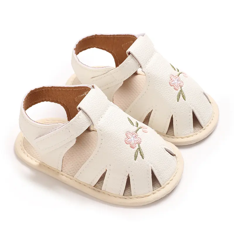 Baby Girl First Walkers Shoes 0-1 Years - Non-Slip Rubber Sole, Closure, Breathable PU Upper with Floral Cutouts - Soft Fabric L