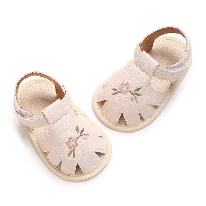 Baby Girl First Walkers Shoes 0-1 Years - Non-Slip Rubber Sole, Closure, Breathable PU Upper with Floral Cutouts - Soft Fabric L