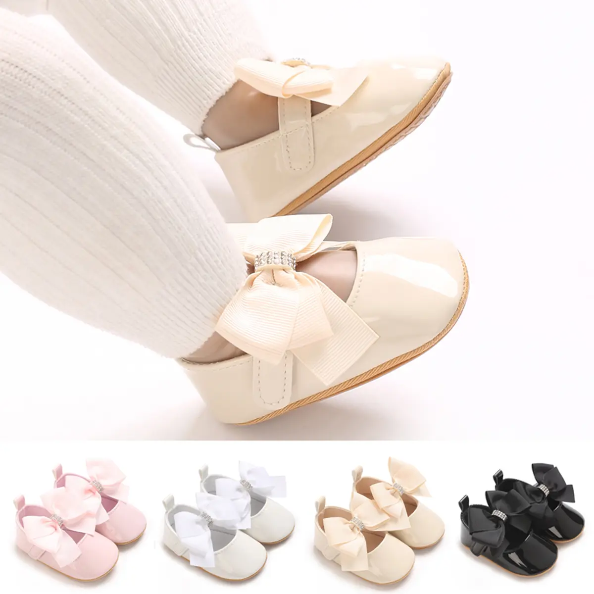 Baby Girl Cute Bow PU Princess Shoes Soft Sole Walking Shoes 0-18M White Baptist First Step Walker