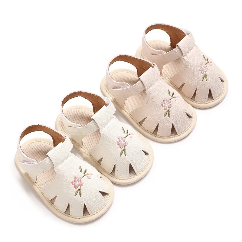 Baby Girl First Walkers Shoes 0-1 Years - Non-Slip Rubber Sole, Closure, Breathable PU Upper with Floral Cutouts - Soft Fabric L