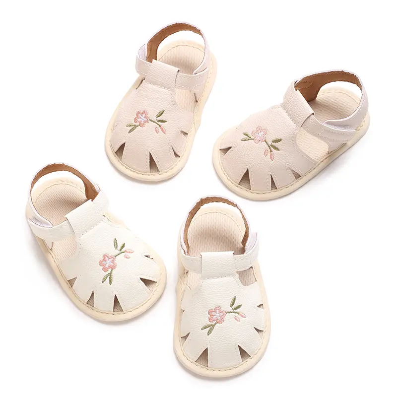Baby Girl First Walkers Shoes 0-1 Years - Non-Slip Rubber Sole, Closure, Breathable PU Upper with Floral Cutouts - Soft Fabric L