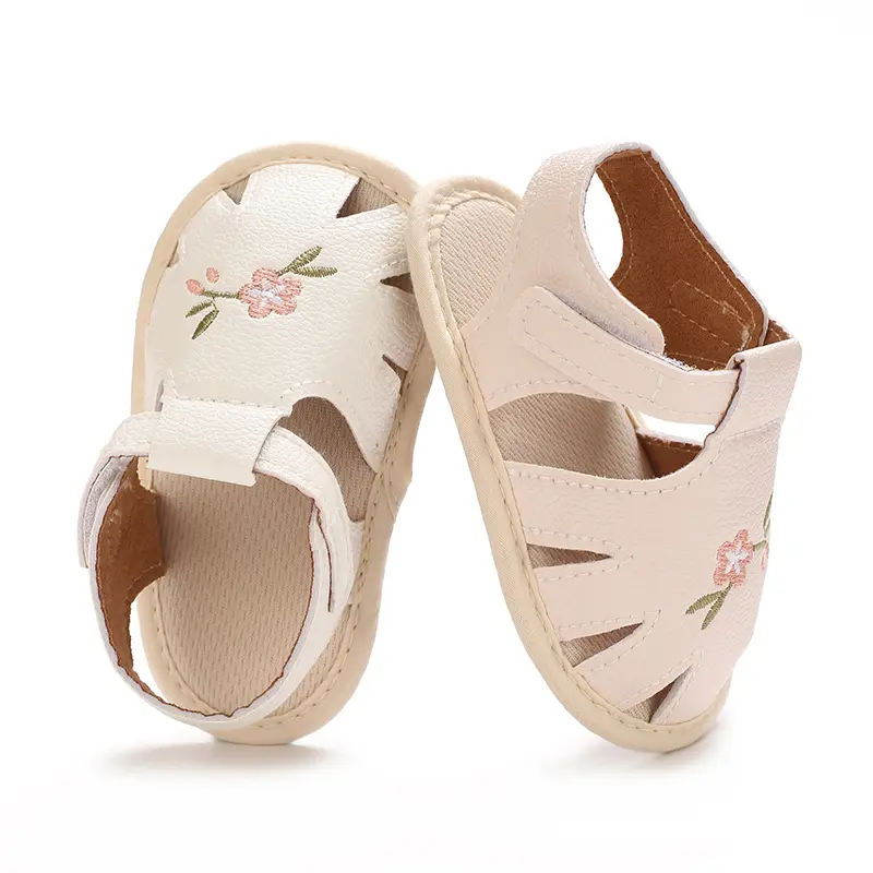 Baby Girl First Walkers Shoes 0-1 Years - Non-Slip Rubber Sole, Closure, Breathable PU Upper with Floral Cutouts - Soft Fabric L