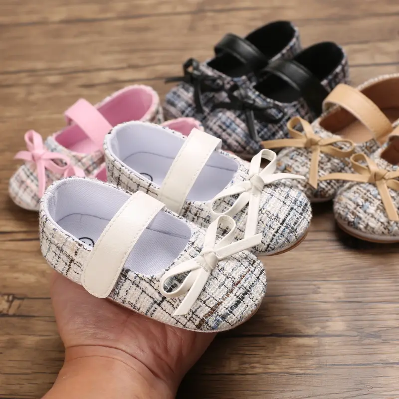 Classic PU Leather Girl Baby Shoes Bowknot Princess Flat Non-Slip Cotton Bottom Walking Newborn Crib Dress Shoes 0-18M