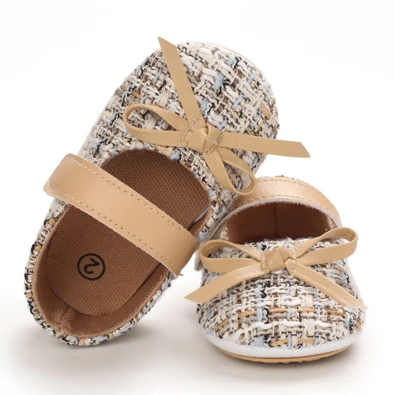 Classic PU Leather Girl Baby Shoes Bowknot Princess Flat Non-Slip Cotton Bottom Walking Newborn Crib Dress Shoes 0-18M