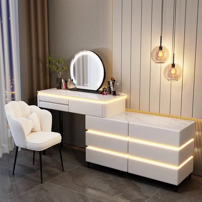Wooden Luxury Modern Vanity Table Storage Organizer Nordic Girls Mirror Dressing Table Chair Lights Tocador Con Espejo Furniture