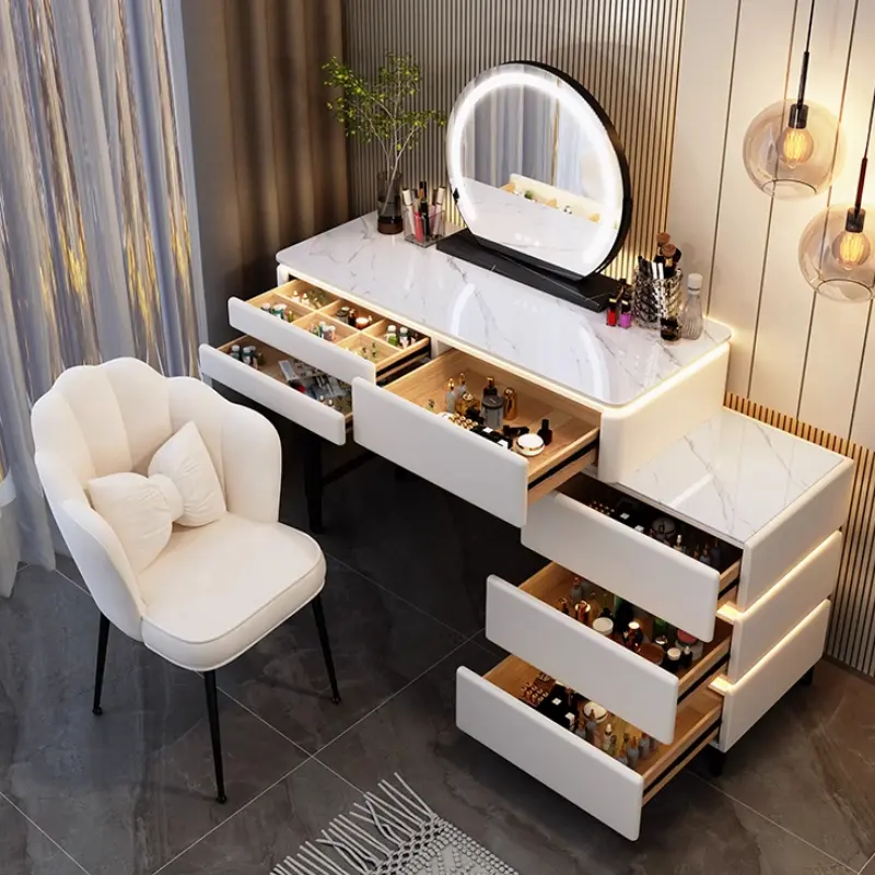 Wooden Luxury Modern Vanity Table Storage Organizer Nordic Girls Mirror Dressing Table Chair Lights Tocador Con Espejo Furniture