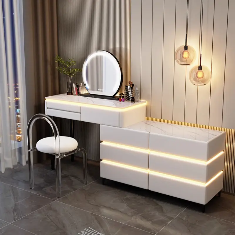 Wooden Luxury Modern Vanity Table Storage Organizer Nordic Girls Mirror Dressing Table Chair Lights Tocador Con Espejo Furniture