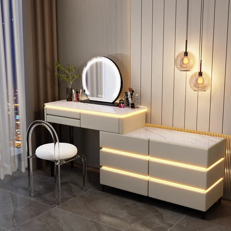 Wooden Luxury Modern Vanity Table Storage Organizer Nordic Girls Mirror Dressing Table Chair Lights Tocador Con Espejo Furniture