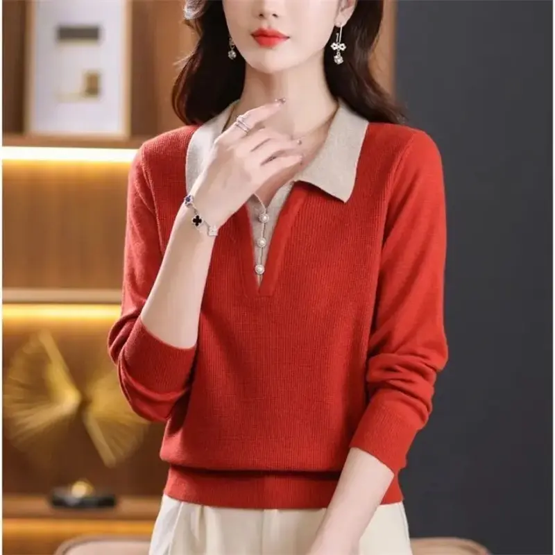Korean Autumn Winter Sweater Women Pullover All-Match Turn-Down Collar Color Blocking Fake Two Pieces Sweater Knitted Female