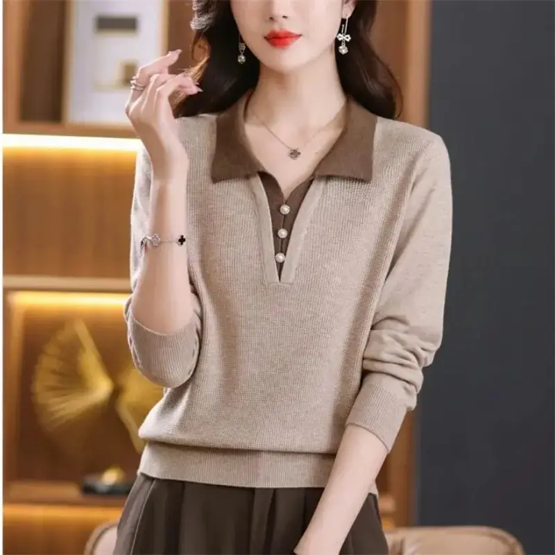 Korean Autumn Winter Sweater Women Pullover All-Match Turn-Down Collar Color Blocking Fake Two Pieces Sweater Knitted Female