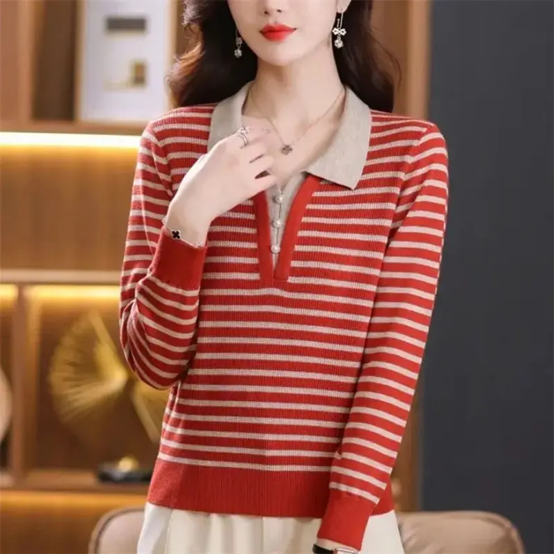 Korean Autumn Winter Sweater Women Pullover All-Match Turn-Down Collar Color Blocking Fake Two Pieces Sweater Knitted Female