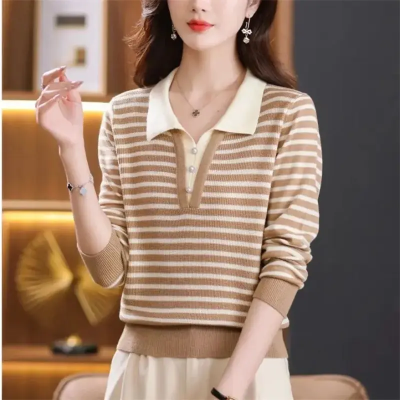 Korean Autumn Winter Sweater Women Pullover All-Match Turn-Down Collar Color Blocking Fake Two Pieces Sweater Knitted Female