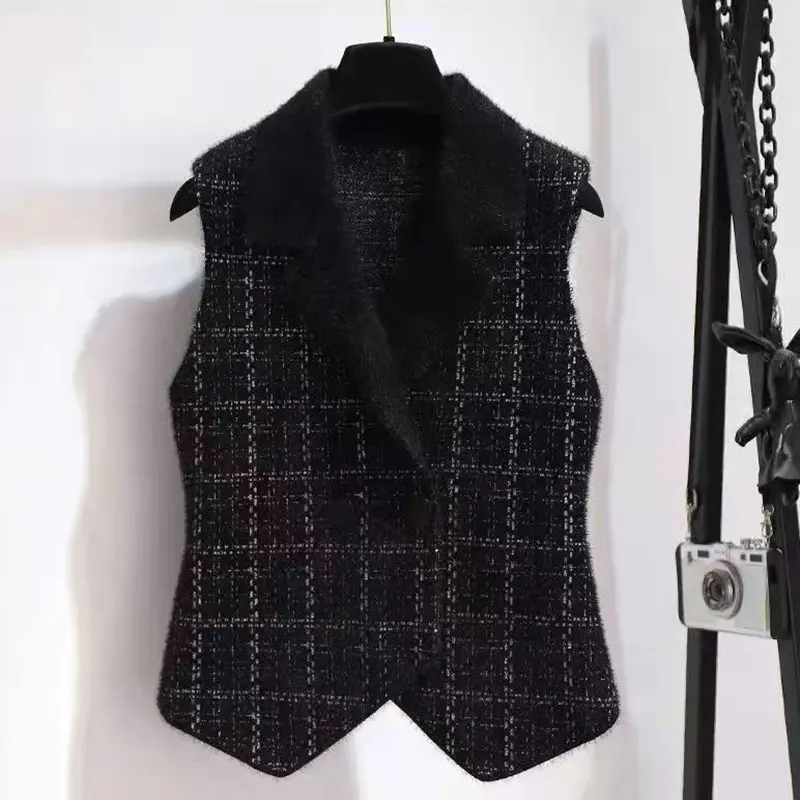 Imitate Mink Velvet Women Vest Jacket 2024New Autumn Winter Sleeveless Casual Suit Collar Waistcoat Short Ladies Vest Tops R2486
