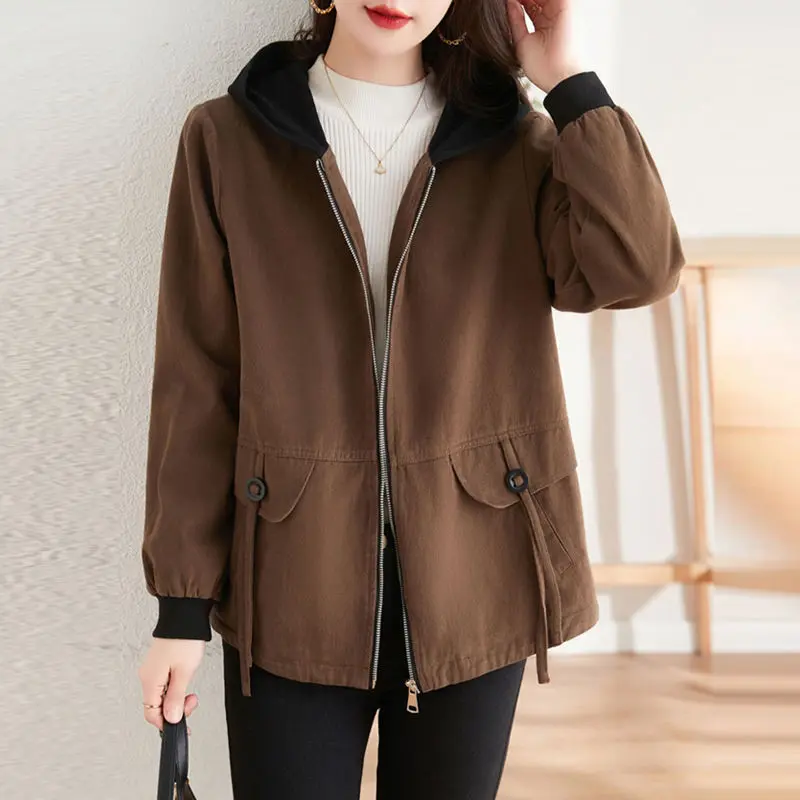 Spring Autumn Trench Coat Female Hooded Korean Women  Windbreaker Jacket 2025 New Fashion Long Sleeved Outwear Ladies