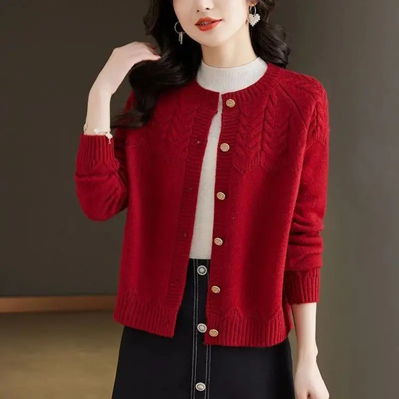 Knitting Cardigan Women Sweater 2025New Spring Autumn Solid Round Neck Female Sweater Jacket Vintage Casual Waichuan Ladies Tops