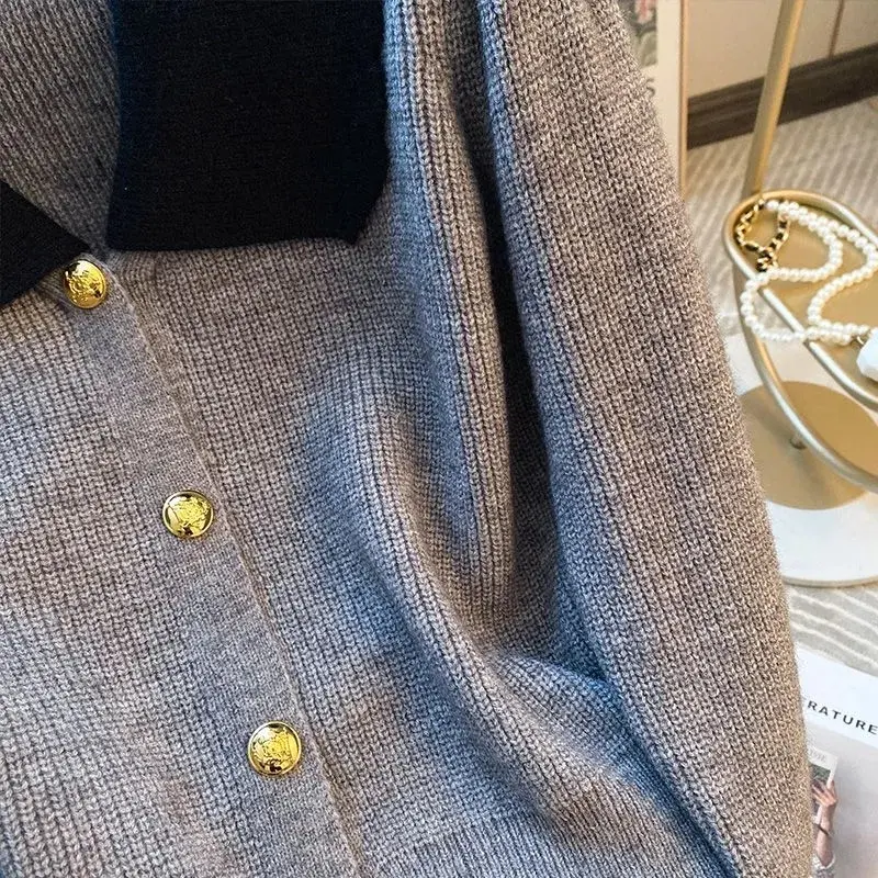 Knitted Cardigan Stitching Jacket Women Clothing Spring Autumn Winter 2025 New Lapel Outerwear Sweater Female Casual Ladies Tops
