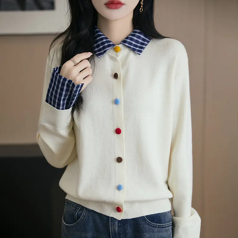 Fake Two Piece Spliced Sweater Jacket Women's Autumn Loose Shirt Collar Knitted Cardigan Ladies Casual All-Match Knit Top Female