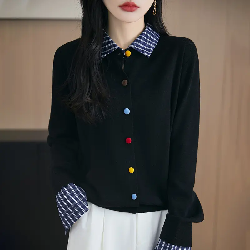 Fake Two Piece Spliced Sweater Jacket Women's Autumn Loose Shirt Collar Knitted Cardigan Ladies Casual All-Match Knit Top Female