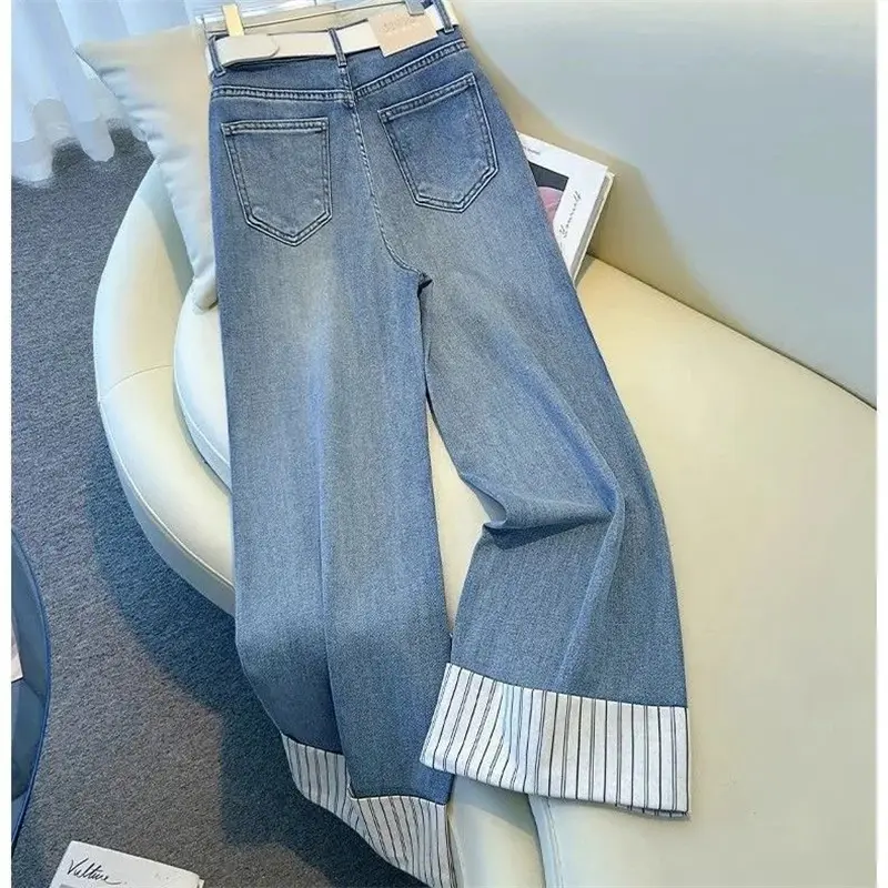 Fashion Korean 2025 Straight Wide-leg Jeans Female 2025 New Spring All-Match Casual Striped Hemmed Narrow Cowboy Pant Female