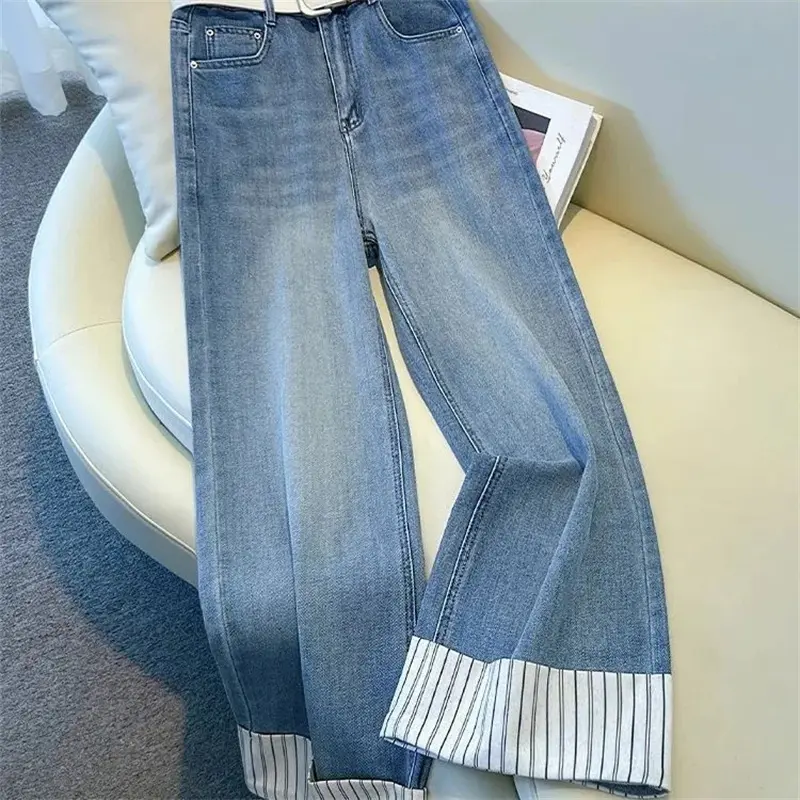 Fashion Korean 2025 Straight Wide-leg Jeans Female 2025 New Spring All-Match Casual Striped Hemmed Narrow Cowboy Pant Female