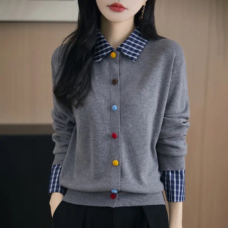 Fake Two Piece Spliced Sweater Jacket Women's Autumn Loose Shirt Collar Knitted Cardigan Ladies Casual All-Match Knit Top Female