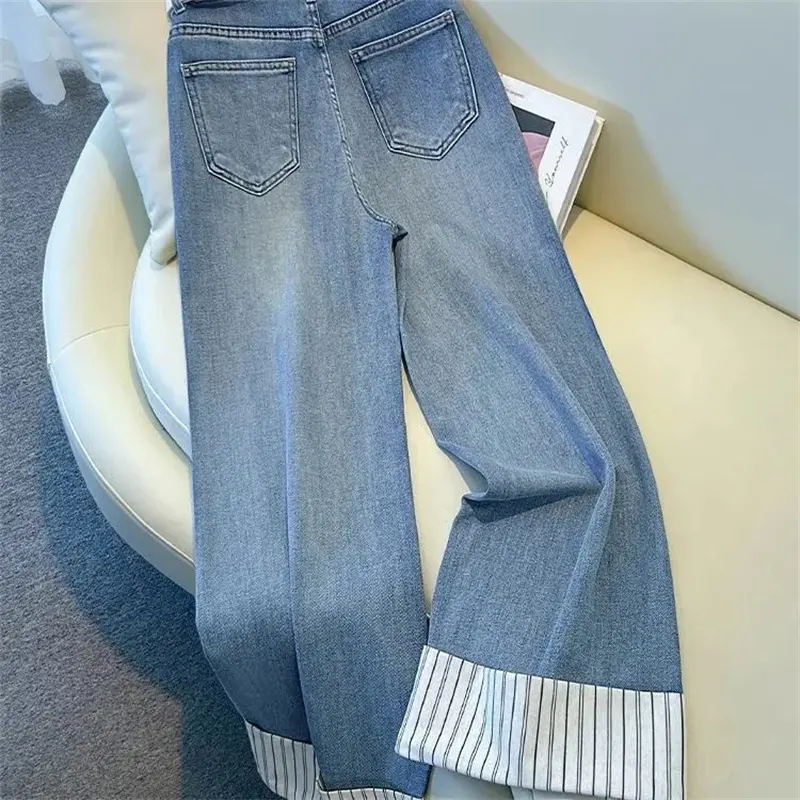 Fashion Korean 2025 Straight Wide-leg Jeans Female 2025 New Spring All-Match Casual Striped Hemmed Narrow Cowboy Pant Female