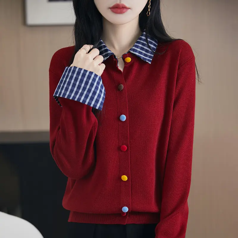 Fake Two Piece Spliced Sweater Jacket Women's Autumn Loose Shirt Collar Knitted Cardigan Ladies Casual All-Match Knit Top Female
