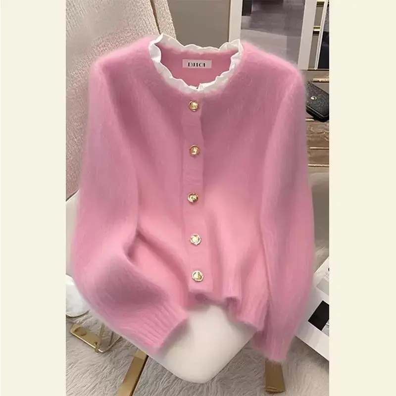 2024 Autumn New Lazy Korean Style Retro Soft Knitted Sweater Cardigan Long Sleeve Crew Neck Loose Versatile Solid Color Top
