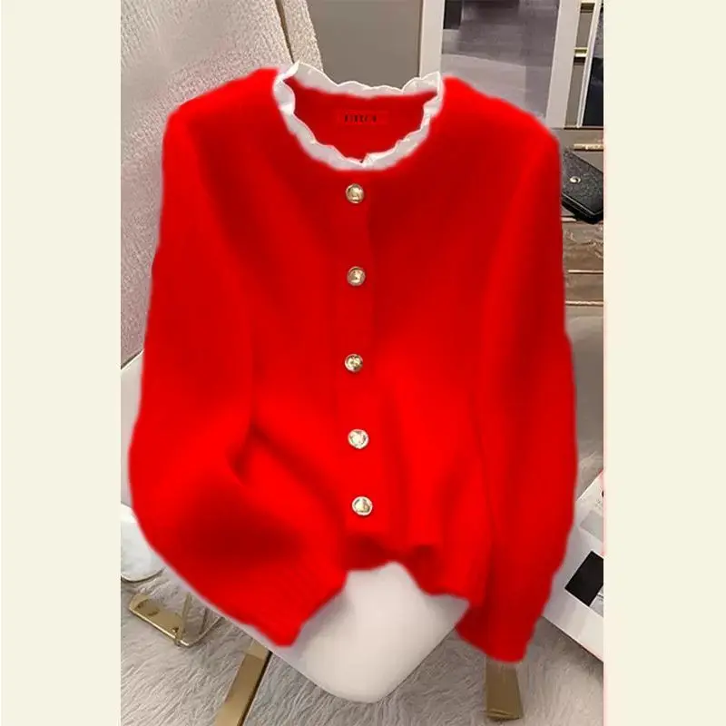 2024 Autumn New Lazy Korean Style Retro Soft Knitted Sweater Cardigan Long Sleeve Crew Neck Loose Versatile Solid Color Top