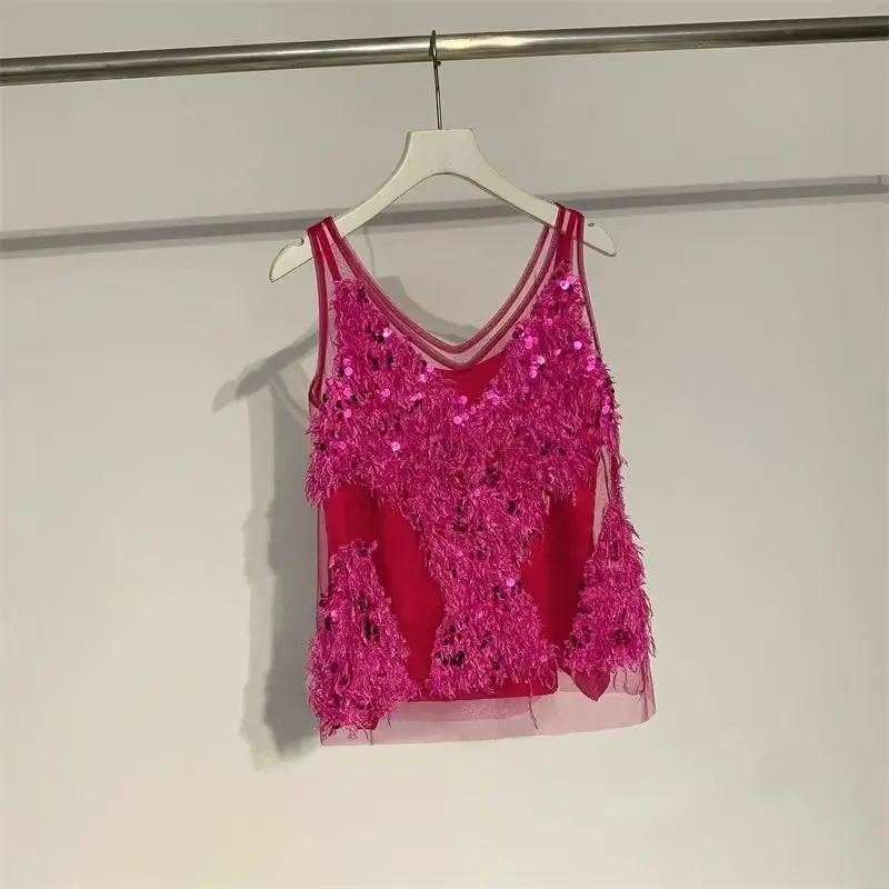2025 Spring New American Style Chic Niche Sling Vest Suspender Short Rose Red Sequined Sleeveless Tank Camis Ins Top