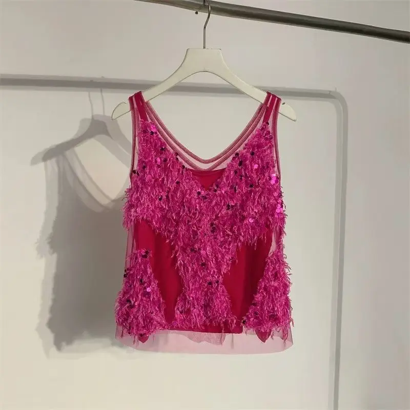 2025 Spring New American Style Chic Niche Sling Vest Suspender Short Rose Red Sequined Sleeveless Tank Camis Ins Top