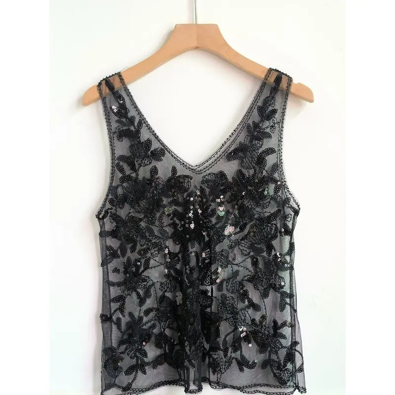 Sequined Beads French Style 2025 Summer New Vest Sleeveless Slim Fit Perspective Sexy Chic Ins Thin Loose Tank Top