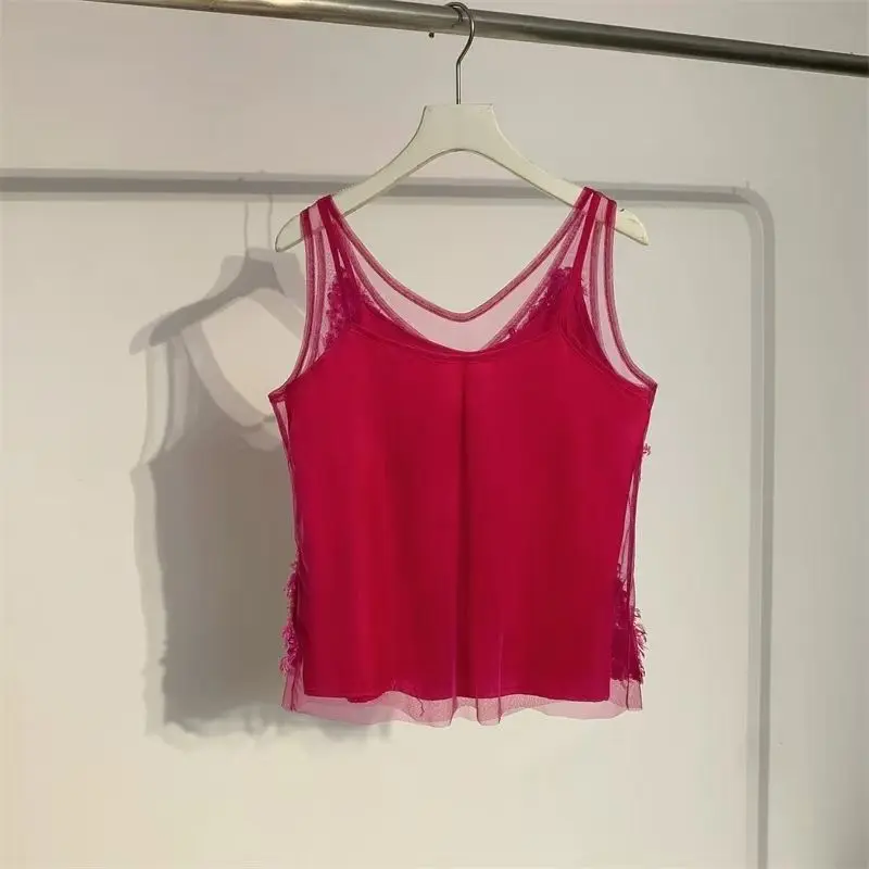 2025 Spring New American Style Chic Niche Sling Vest Suspender Short Rose Red Sequined Sleeveless Tank Camis Ins Top