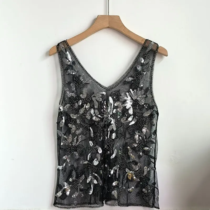 Sequined Beads French Style 2025 Summer New Vest Sleeveless Slim Fit Perspective Sexy Chic Ins Thin Loose Tank Top