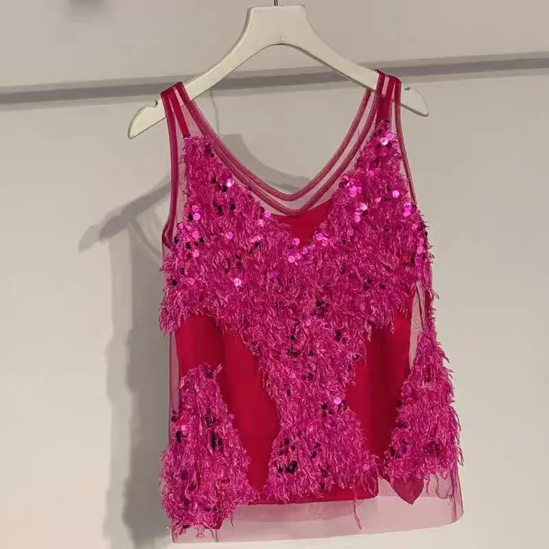 2025 Spring New American Style Chic Niche Sling Vest Suspender Short Rose Red Sequined Sleeveless Tank Camis Ins Top
