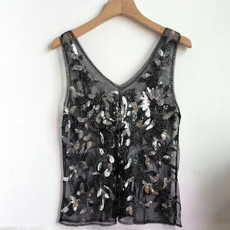 Sequined Beads French Style 2025 Summer New Vest Sleeveless Slim Fit Perspective Sexy Chic Ins Thin Loose Tank Top