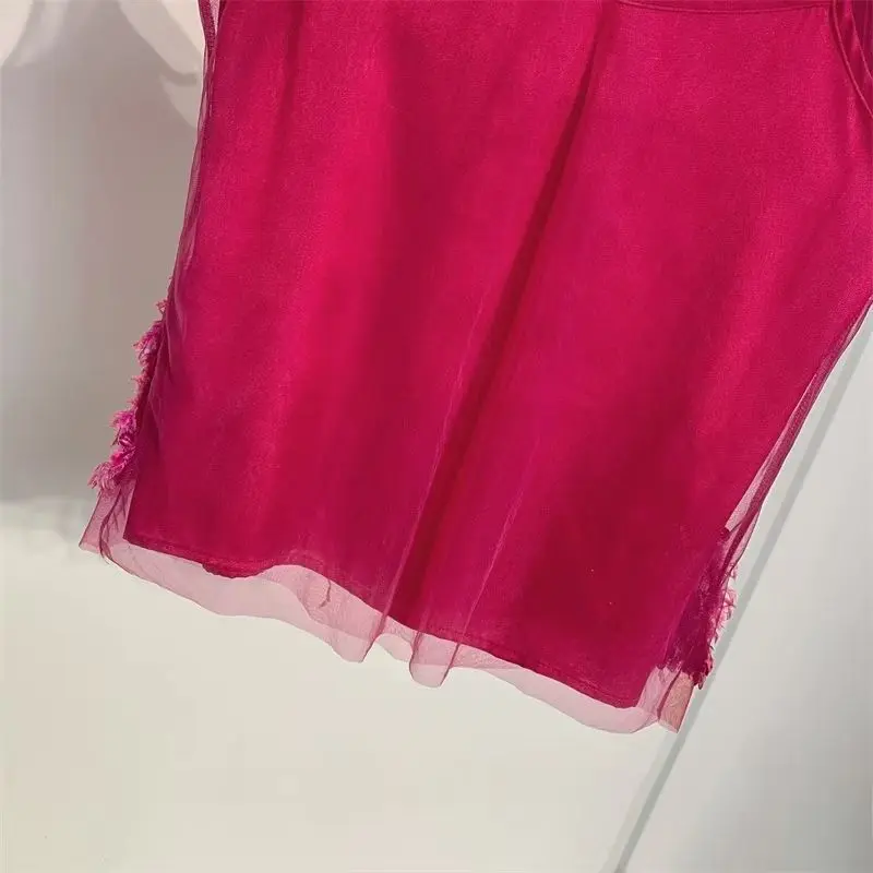 2025 Spring New American Style Chic Niche Sling Vest Suspender Short Rose Red Sequined Sleeveless Tank Camis Ins Top