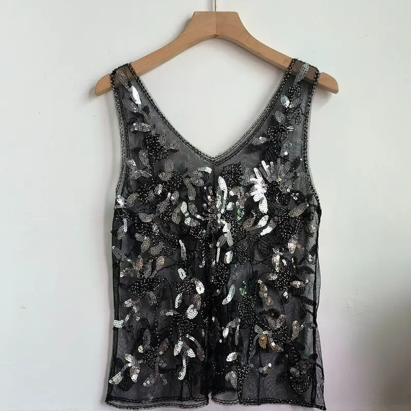 Sequined Beads French Style 2025 Summer New Vest Sleeveless Slim Fit Perspective Sexy Chic Ins Thin Loose Tank Top