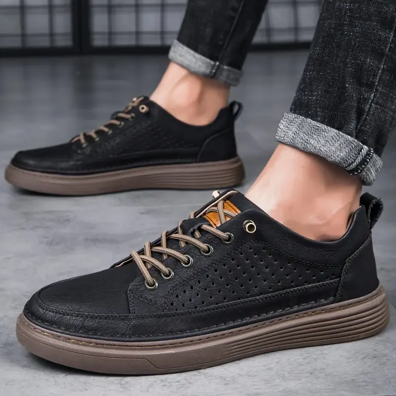 Italian Casual Shoes Men's Lace Up Oxford Shoes Genuine Leather Thick Bottom Outdoor Walking Shoes Black Office Men Dress Shoes