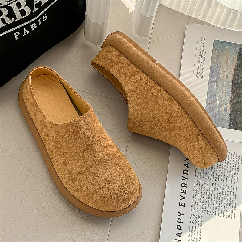 Suede Leather Mens Slippers Stylish Male Mules Shoes New Trend Business Sandals All-match Beach Slides Lazy Shoes Man Half Drag
