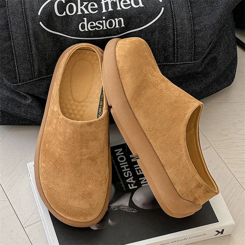 Suede Leather Mens Slippers Stylish Male Mules Shoes New Trend Business Sandals All-match Beach Slides Lazy Shoes Man Half Drag