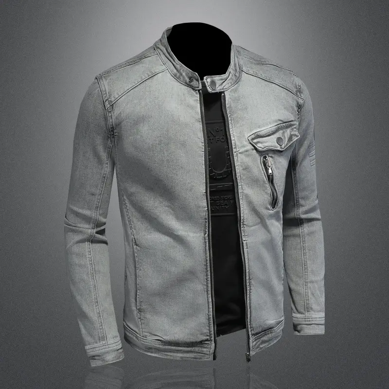 ABOORUN Men's Retro Zipper Denim Jacket High Quality Motorcycle Biker Slim fit Jean Coat Streetwear for Male