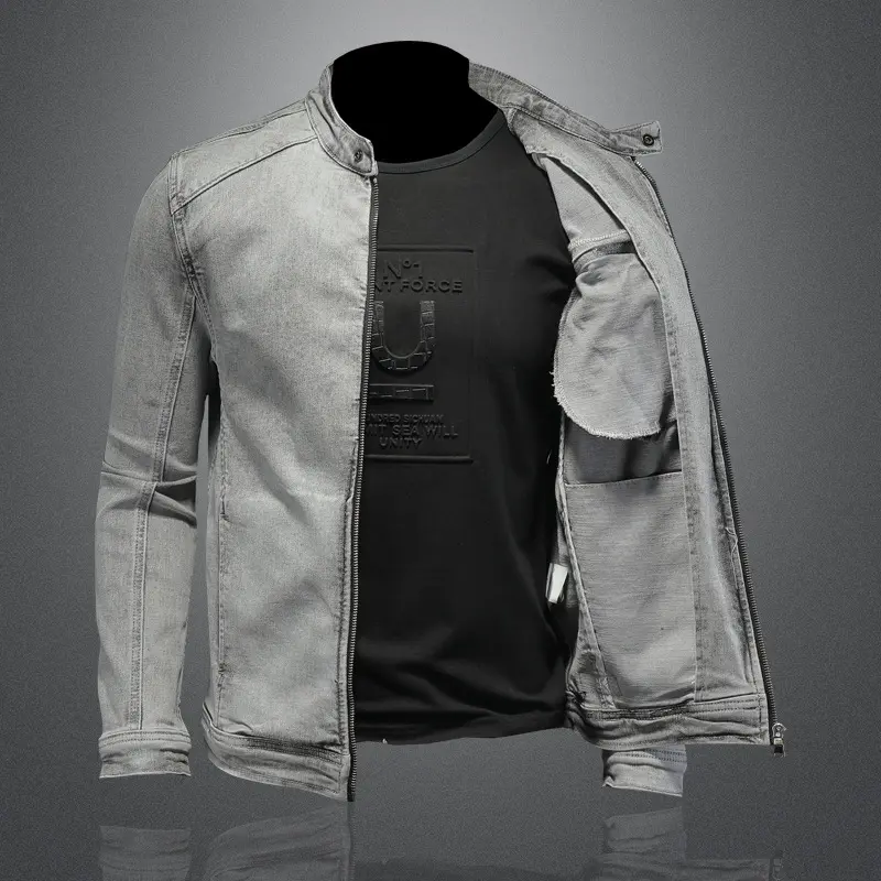 ABOORUN Men's Retro Zipper Denim Jacket High Quality Motorcycle Biker Slim fit Jean Coat Streetwear for Male